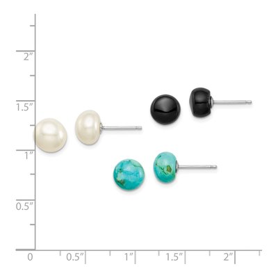Sterling Silver Button Pearl, Turquoise & Agate Earring Set – view 4
