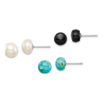 Sterling Silver Button Pearl, Turquoise & Agate Earring Set