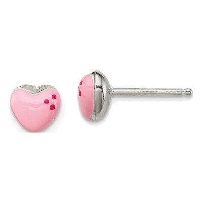Sterling Silver Girls' Pink Enamel Heart Stud Earrings