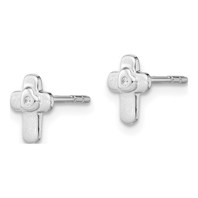 Sterling Silver Round CZ Girls' Cross Stud Earrings – view 3