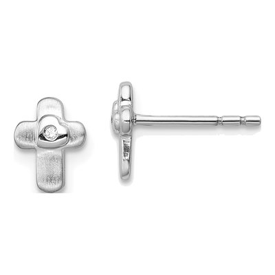 Sterling Silver Round CZ Girls' Cross Stud Earrings