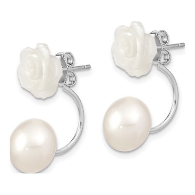 Sterling Silver Freshwater Cultured Pearl & Mother of Pearl Flower Dangle Earrings – view 2