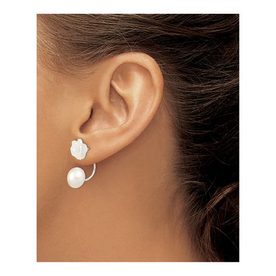 Sterling Silver Freshwater Cultured Pearl & Mother of Pearl Flower Dangle Earrings – view 3