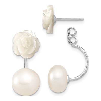 Sterling Silver Freshwater Cultured Pearl & Mother of Pearl Flower Dangle Earrings