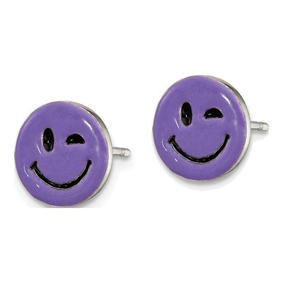 Sterling Silver Purple Enamel Winking Smiley Stud Earrings – view 3
