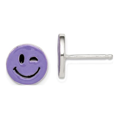 Sterling Silver Purple Enamel Winking Smiley Stud Earrings