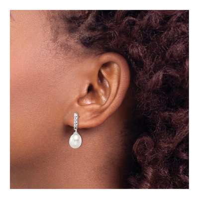 Sterling Silver Freshwater Cultured Pearl & CZ Dangle Earrings – view 4