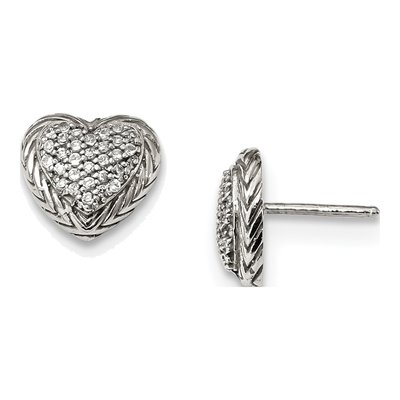Sterling Silver Round CZ Textured Heart Stud Earrings