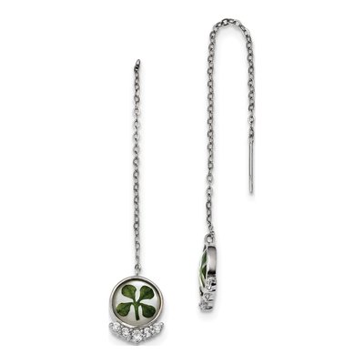 Sterling Silver CZ Clover Shell Threader Earrings
