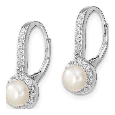Sterling Silver Freshwater Cultured Pearl & CZ Halo Leverback Earrings – view 3