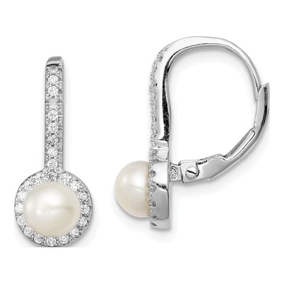Sterling Silver Freshwater Cultured Pearl & CZ Halo Leverback Earrings