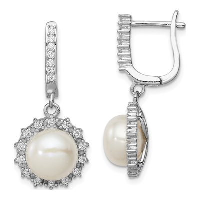 Sterling Silver Cultured Pearl & CZ Dangle Earrings