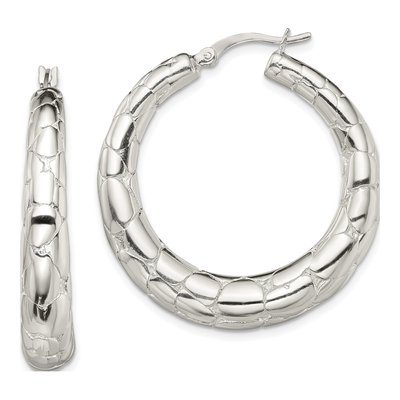 Sterling Silver 38mm Pebbled Round Hoop Earrings