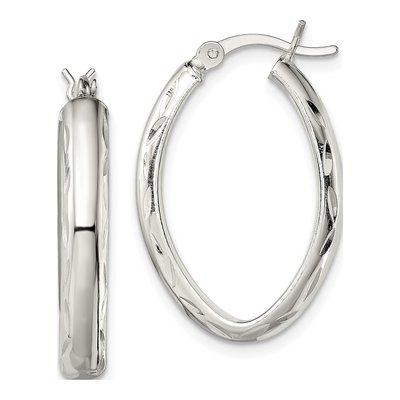 Sterling Silver 26mm Diamond-Cut Oval Hoop Earrings