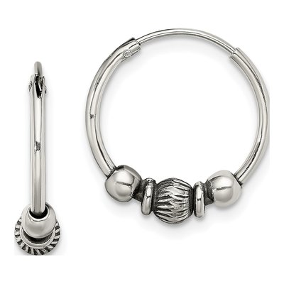 Sterling Silver 17mm Antiqued Beaded Hoop Earrings