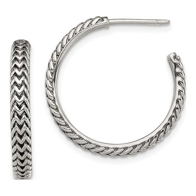 Sterling Silver 24mm Antiqued Zig Zag Hoop Earrings