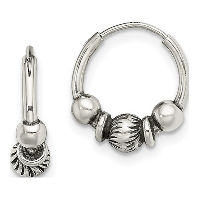 Sterling Silver 14mm Antiqued Beaded Endless Hoop Earrings