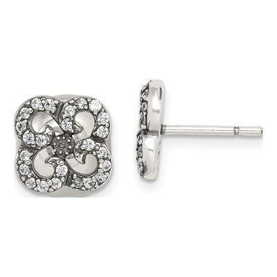 Sterling Silver CZ Antiqued Flower Front Back Stud Earrings