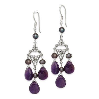 Sterling Silver Black Freshwater Cultured Pearl & Amethyst Filigree Dangle Earrings – view 2