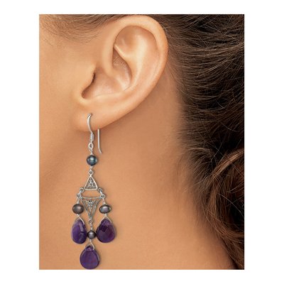 Sterling Silver Black Freshwater Cultured Pearl & Amethyst Filigree Dangle Earrings – view 3
