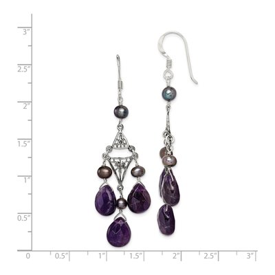Sterling Silver Black Freshwater Cultured Pearl & Amethyst Filigree Dangle Earrings – view 4
