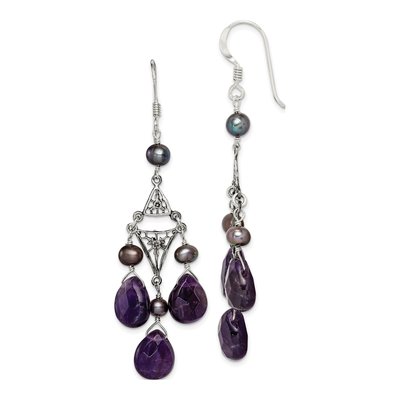 Sterling Silver Black Freshwater Cultured Pearl & Amethyst Filigree Dangle Earrings