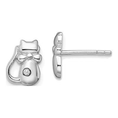Sterling Silver CZ Cat Stud Earrings