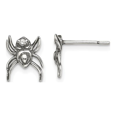 Sterling Silver CZ Antiqued Spider Stud Earrings