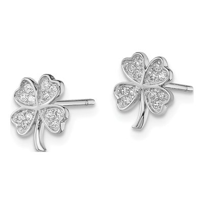 Sterling Silver Round CZ Leaf Clover Stud Earrings – view 3