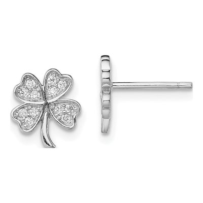 Sterling Silver Round CZ Leaf Clover Stud Earrings