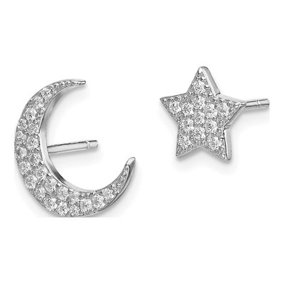 Sterling Silver Round CZ Star Moon Stud Earrings – view 3