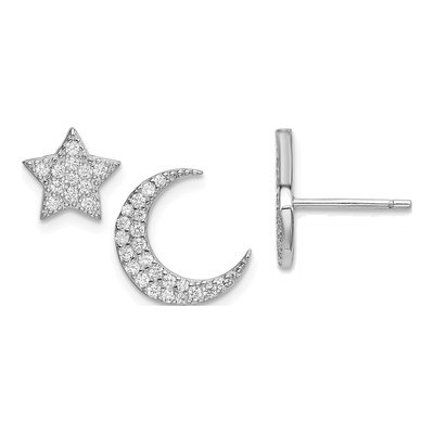 Sterling Silver Round CZ Star Moon Stud Earrings
