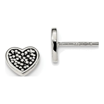 Sterling Silver Antiqued Heart Stud Earrings