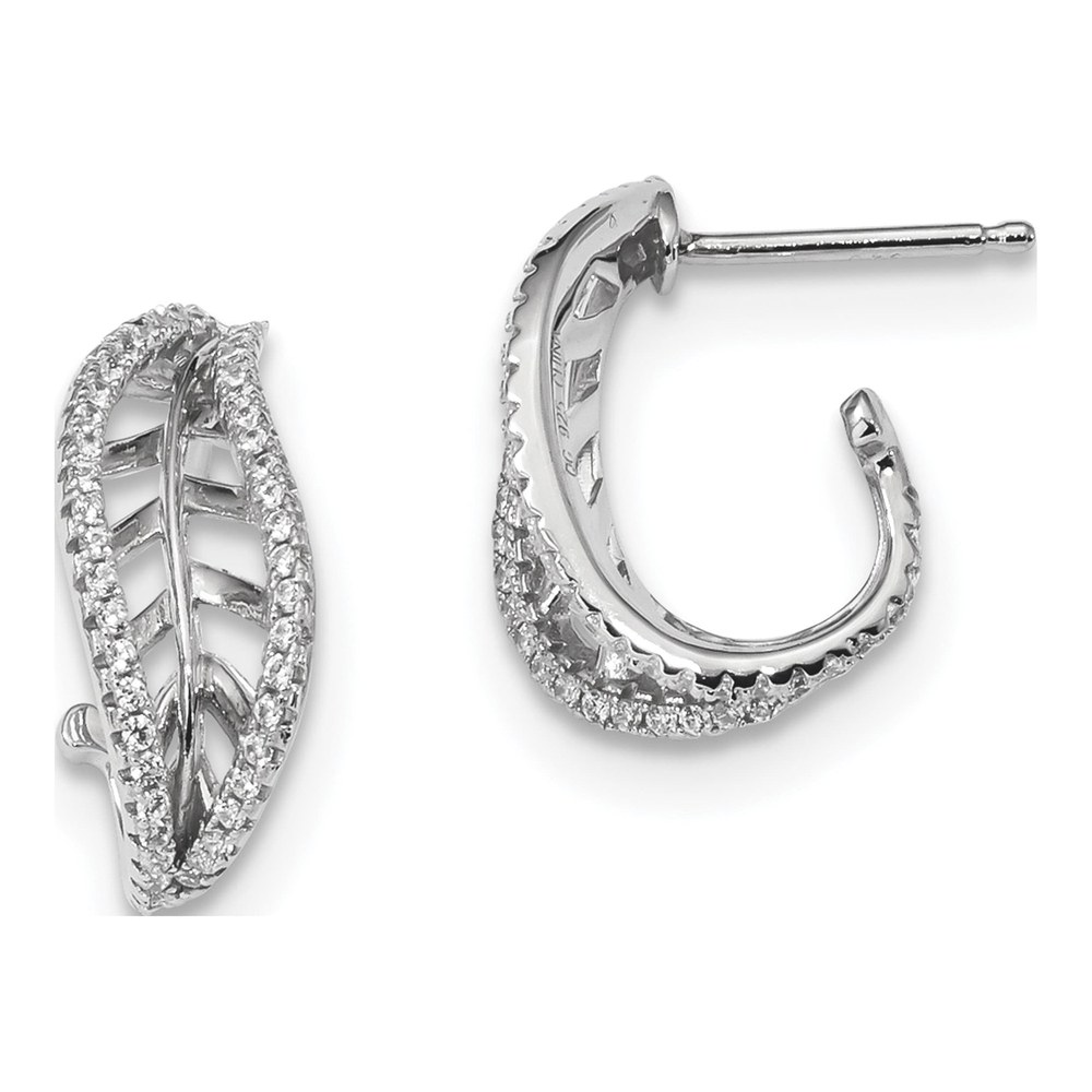 Sterling Silver CZ J-Hoop Leaf Earrings
