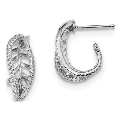 Sterling Silver 19mm CZ J- Leaf Hoop Earrings