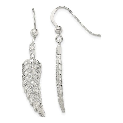 Sterling Silver CZ Feather Dangle Earrings