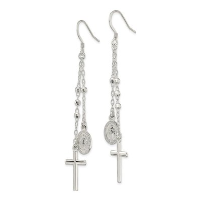 Sterling Silver Miraculous Medal Cross Dangle Earrings – view 3