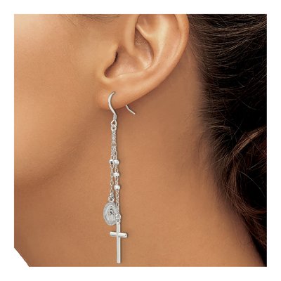 Sterling Silver Miraculous Medal Cross Dangle Earrings – view 4