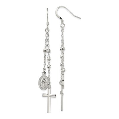 Sterling Silver Miraculous Medal Cross Dangle Earrings