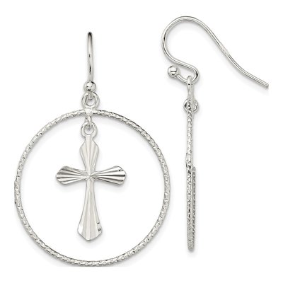 Sterling Silver Cross Circle Dangle Earrings