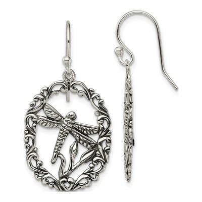 Sterling Silver Antiqued Dragonfly Dangle Earrings
