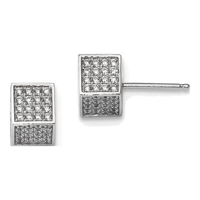 Sterling Silver CZ 3D Square Button Stud Earrings