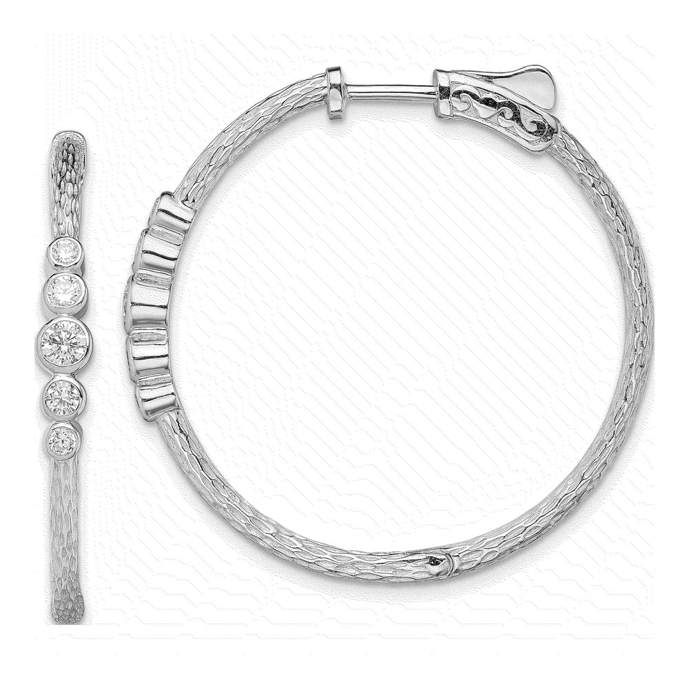 Sterling Silver 36mm CZ Textured Huggie Hoop Earrings