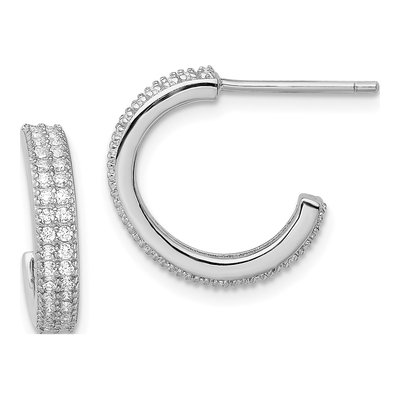 Sterling Silver 15mm CZ Pave C- Hoop Earrings