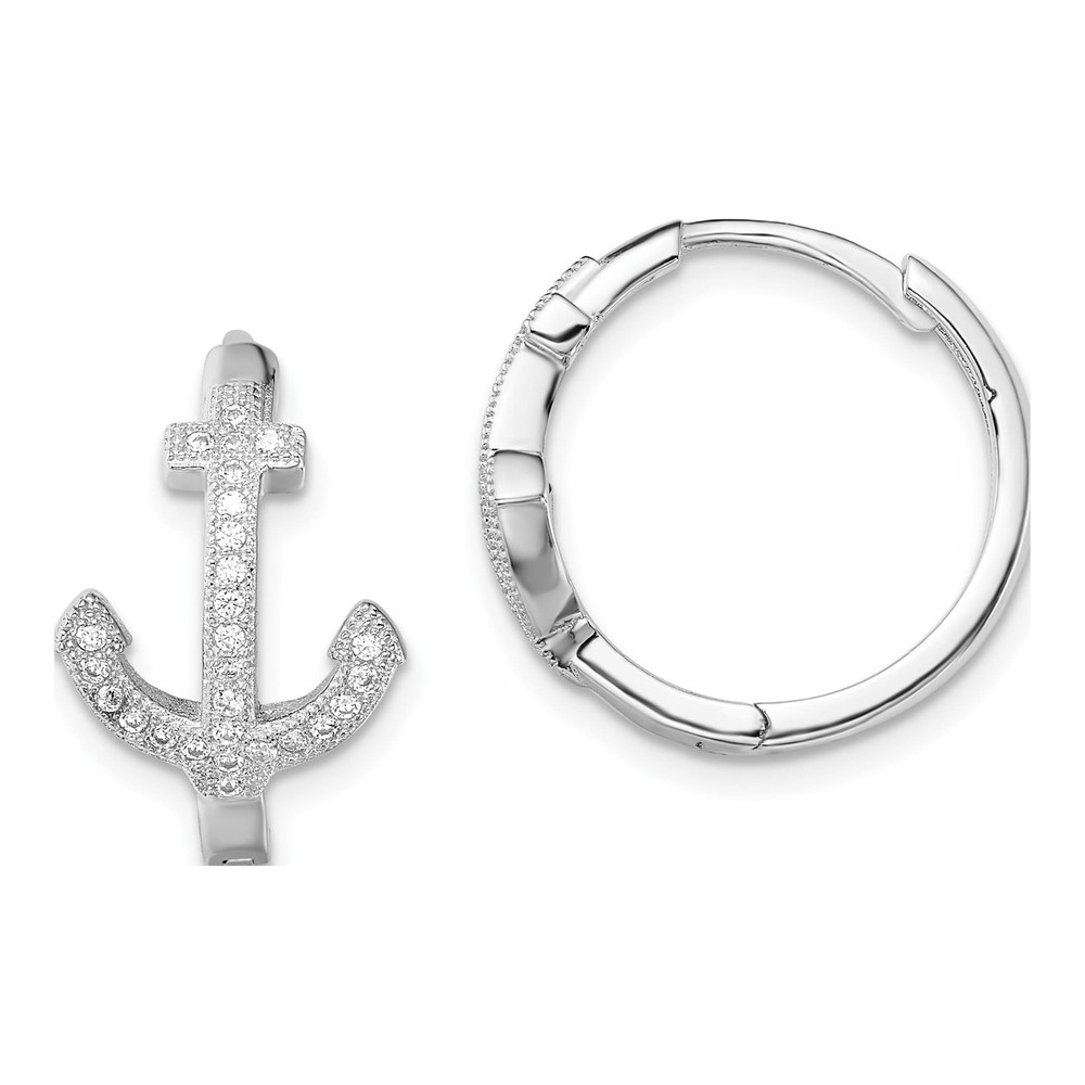 Sterling Silver 18mm CZ Anchor Huggie Hoop Earrings