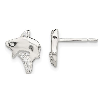 Sterling Silver Round CZ Shark Stud Earrings