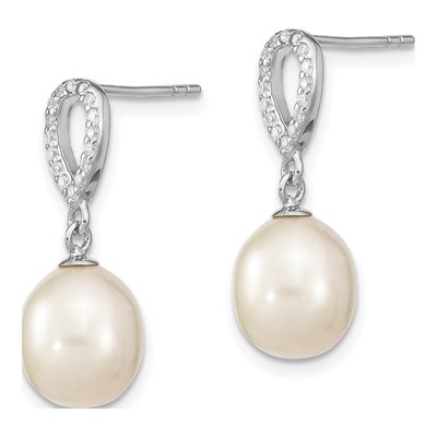 Sterling Silver Freshwater Cultured Pearl & CZ Dangle Earrings – view 3