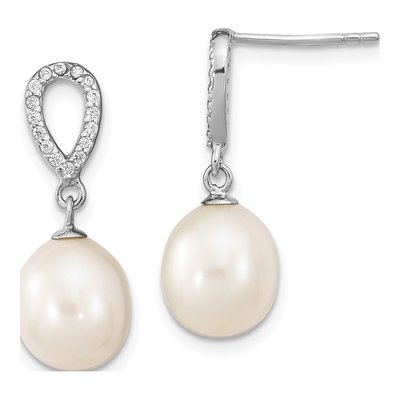 Sterling Silver Freshwater Cultured Pearl & CZ Dangle Earrings