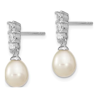 Sterling Silver Freshwater Cultured Pearl & CZ Dangle Earrings – view 3