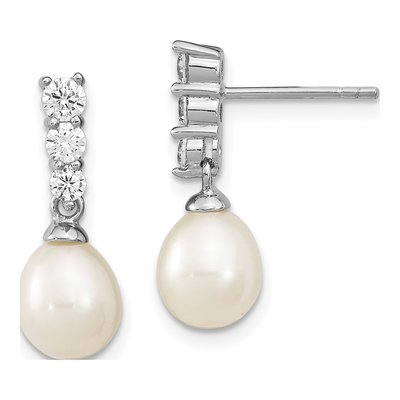 Sterling Silver Freshwater Cultured Pearl & CZ Dangle Earrings